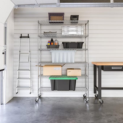 Seville Classics UltraDurable Heavy Duty NSF Solid Steel Wire Rack Storage Unit Wheels, 6-Tier Shelving, 48" W x 18" D