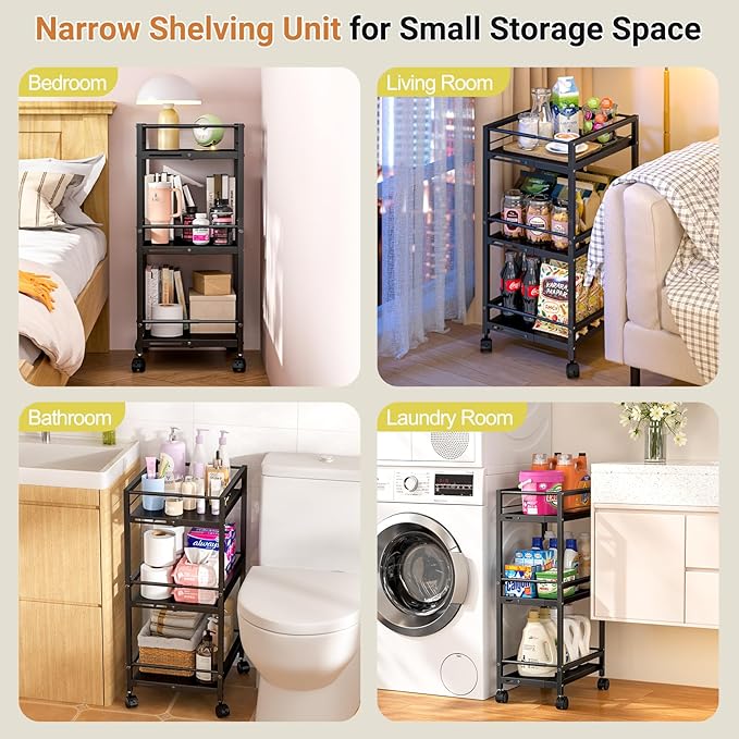 Expandable Slim Storage Cart for Small Spaces, 3-Tier Metal Shelving Unit with Wheels, Heavy-Duty Laundry Room Organization, Adjustable Narrow Storage Cabinet for Bathroom, Laundry Room, Kitchen