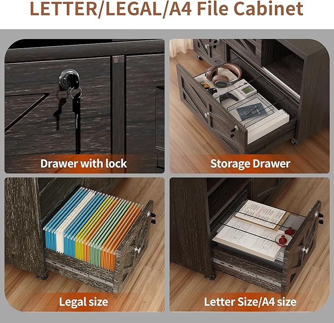 Semoic Gray Lateral File Cabinet with Lock, 2 Drawer Rolling Filing Cabinet for Home Office, Mobile Storage Cabinet with Open Shelves & Sliding Door, Fits Legal/Letter/A4 Files, Herringbone Design
