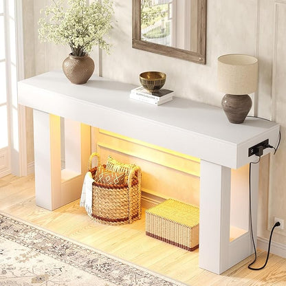 Unikito 63'' Farmhouse Console Table with Power Outlets and Sensor Light, Wooden Entryway Table with Storage, Rectangular Sofa Tables Behind The Couch for Entrance, Hallway, Living Room,