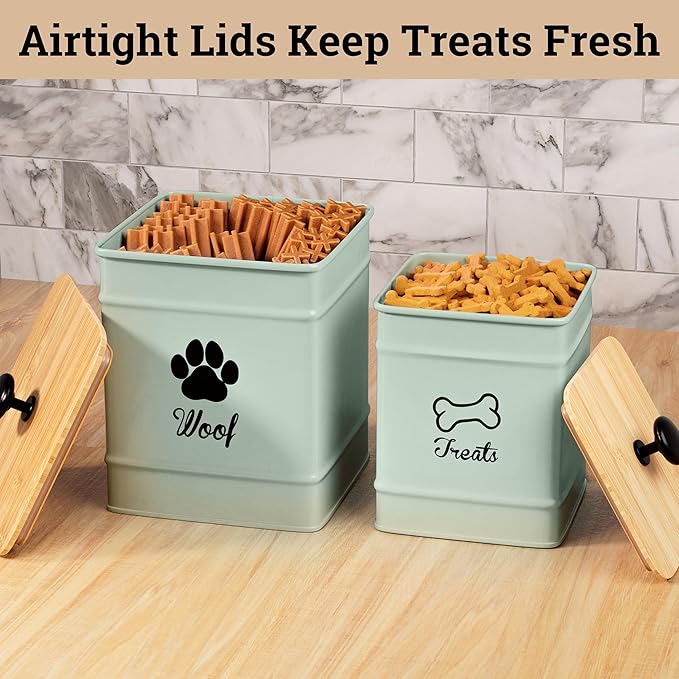 Dog Treat Container Airtight Set of 2 - 8x6 & 7x5 inch Iron Dog Treat Jars for Kitchen Counter with Airtight Bamboo Lids - 20 Cup Capacity Pet Treat Container Set - Doggie Cookie Jar - Treats Canister