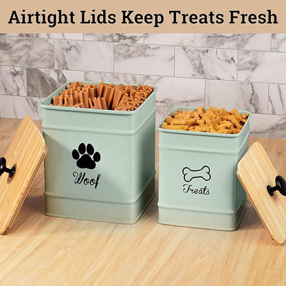 Dog Treat Container Airtight Set of 2 - 8x6 & 7x5 inch Iron Dog Treat Jars for Kitchen Counter with Airtight Bamboo Lids - 20 Cup Capacity Pet Treat Container Set - Doggie Cookie Jar - Treats Canister