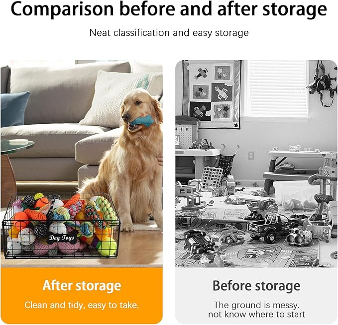 Large Dog Toy Basket Metal,Pet Storage Toys Box Metal Organizer Bin Dogs Wire Rack Container for Food Baskets Living Room Bins Plastic Supplies Boxes Puppy Cat Chest Organizers Food Storage