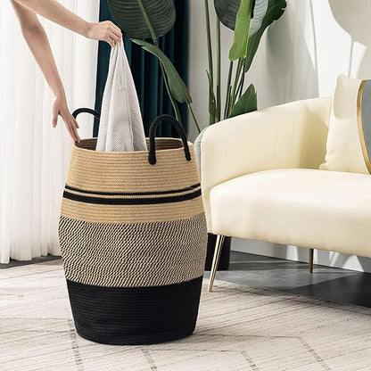Jute Rope Laundry Hamper by YOUDENOVA, 105L - Woven Collapsible Laundry Basket - Clothes Storage Basket for Blankets organizing, Bedroom Storage, Clothes Hamper – Brown & Black