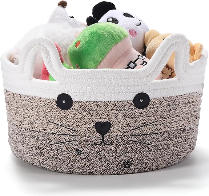 Zopeal Cat Basket Storage Woven Organizer with Ears Easter Decorative Gift Pet Toy Cute Cotton Rope Basket for Gift Cat Dog Toy Bin Nursery Room(8.3 x 4.7 Inch,Gradient Khaki)