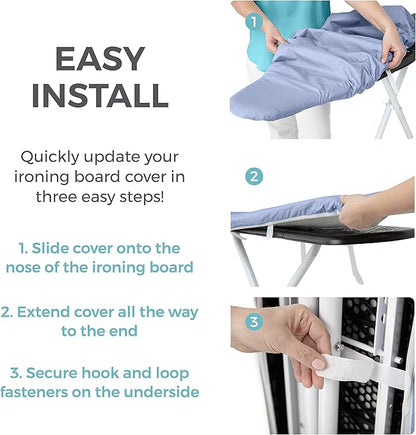 HOME GENIE Ironing Board Cover, Extra Thick Padding, Scorch Resistant Silicone Coating, 15x54 Full Size, Elastic Edge Heavy Duty Iron Pad Covers Standard Boards, Hook and Loop Fastener Strap, Blue