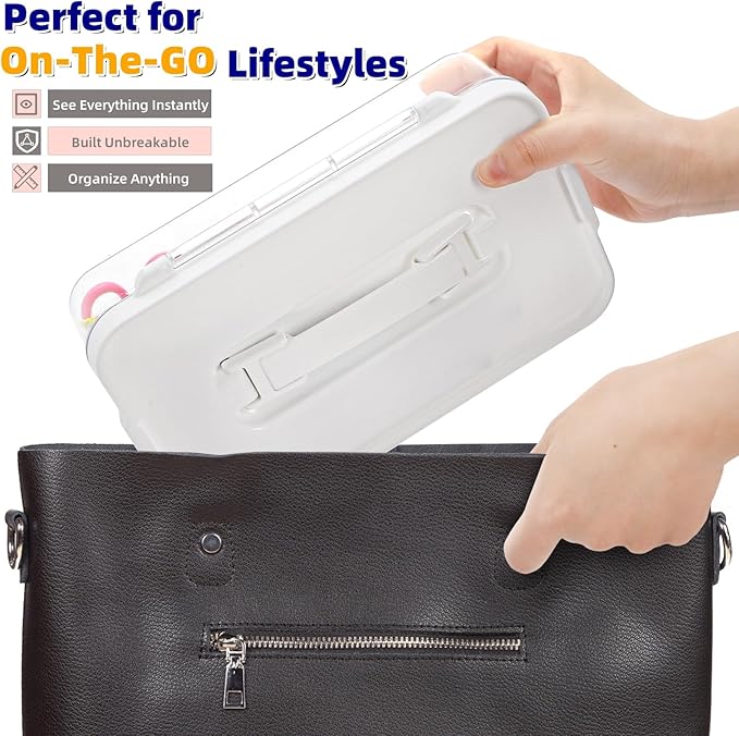 2 Pack Plastic Storage Containers with Lid, Stack & Carry Craft Box with Handle, Multipurpose Office Supplies Organizers, Potable Pencil Storage Bin for Stationery, Crayons, Sewing, Makeup