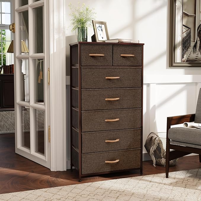 Tall Dressers for Bedroom, 7 Drawers Dresser Fabric Storage Closets Storage Units Organizer Tower Steel Frame Wooden Top for Bedroom, Hallway,Nursery, Entryway(Dark Brown)