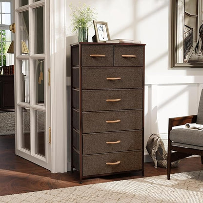 Tall Dressers for Bedroom, 7 Drawers Dresser Fabric Storage Closets Storage Units Organizer Tower Steel Frame Wooden Top for Bedroom, Hallway,Nursery, Entryway(Dark Brown)