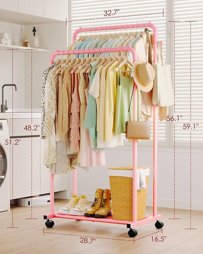 Clothes Rack - Double Rods Clothing Rack with Mesh Shelf, Hooks & Wheels, Metal Clothing Racks for Hanging Clothes & Bags, Multifunctional Garment Rack for Laundry, Pink, 28.7" x 16.5" x 59.1"