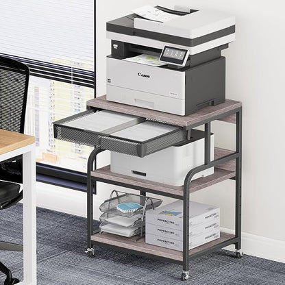 EasyCom 23.6''x18.9'' Extra Large Printer Stand with Drawer, 5-Adjustable Heights 3 Tier Table with Wheels, Rolling Printer Cart with Storage for Printer Scanner Fax Home Office Use