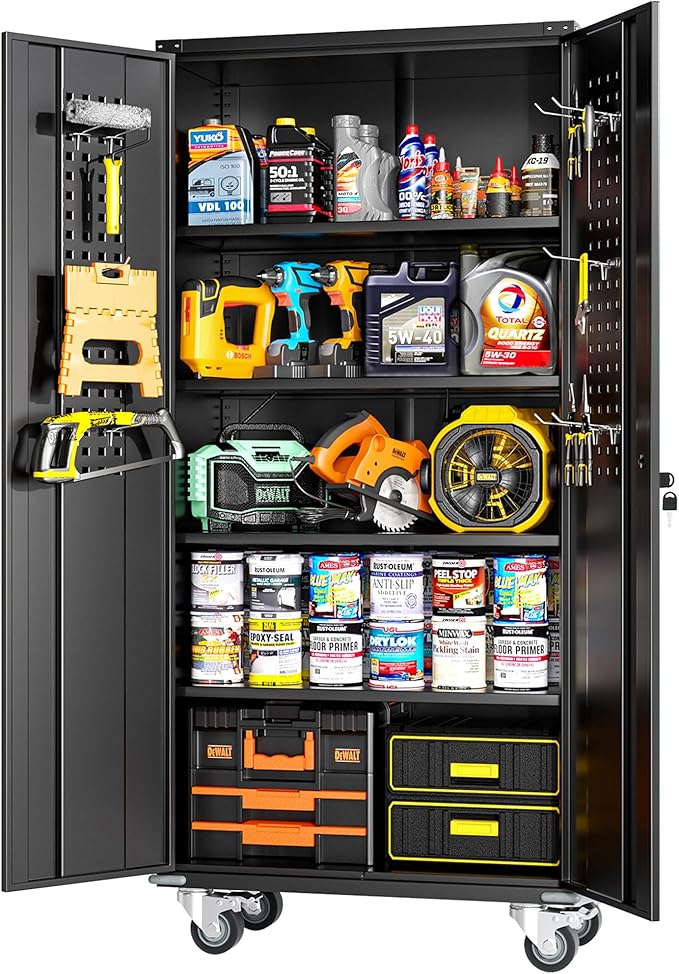 Greenvelly Metal Storage Cabinet with Wheel,Lockable 74" Black Metal Garage Cabinets with 2 Doors and 4 Adjustable Shelves, Rolling Steel Tool Cabinet for Garage, Home Office, School