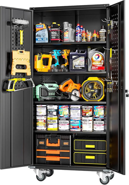 Greenvelly Metal Storage Cabinet with Wheel,Lockable 74" Black Metal Garage Cabinets with 2 Doors and 4 Adjustable Shelves, Rolling Steel Tool Cabinet for Garage, Home Office, School