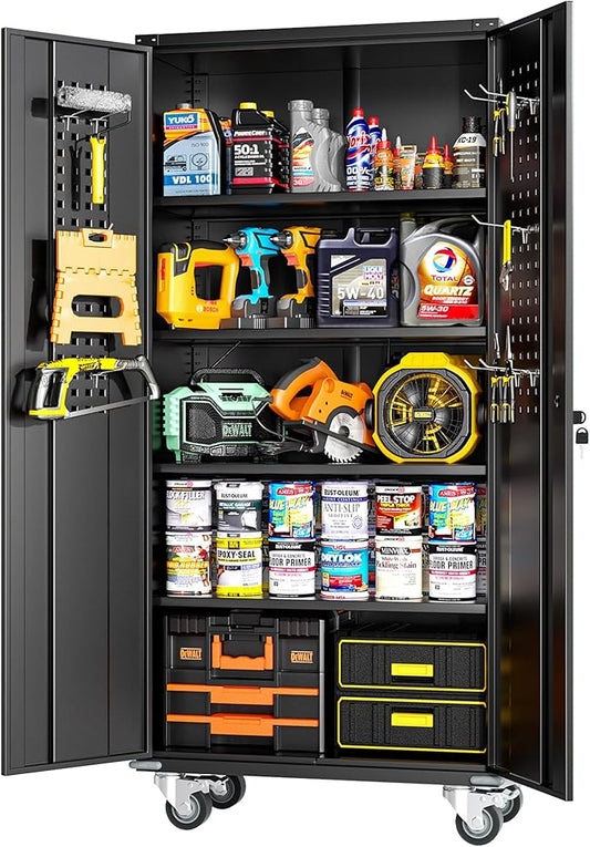 Greenvelly Metal Storage Cabinet with Wheel,Lockable 74" Black Metal Garage Cabinets with 2 Doors and 4 Adjustable Shelves, Rolling Steel Tool Cabinet for Garage, Home Office, School