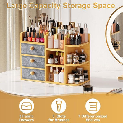 Large Makeup Organizer For Vanity, Large Capacity 3 Tiers Bamboo Bathroom Counter Organizers and Storage, Countertop Makeup Brush Holder, Nail Polish Perfume Stand with 3 Drawers and 10 Compartments