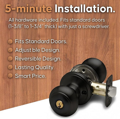 Copper Creek Colonial Entry Door Knob – Keyed Entry Handle with Lock and Key, ANSI Grade-3 Certified, DIY-Friendly Install for Interior and Exterior Entrance Doors – Matte Black (1 Pack)