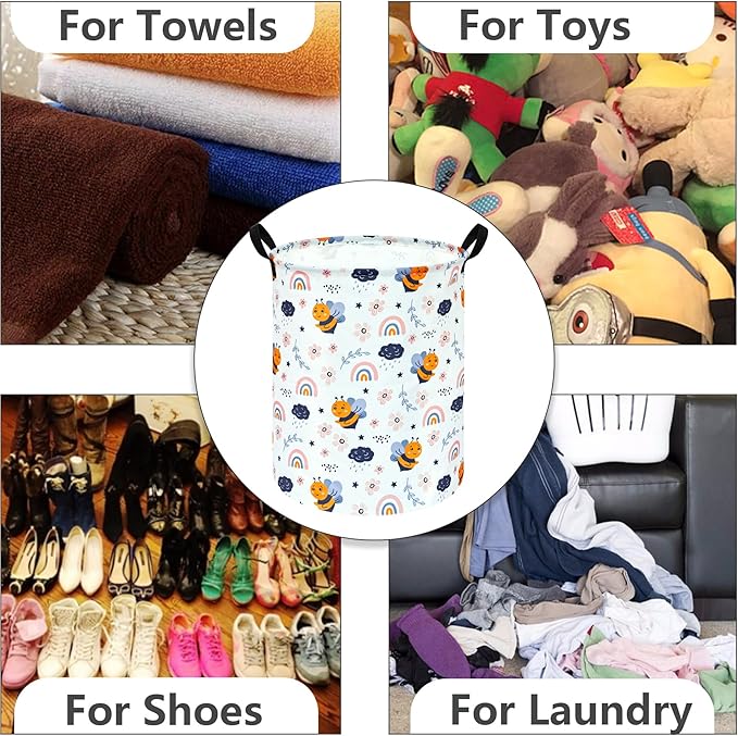Rainbow Bee Print Canvas Laundry Basket,Waterproof Storage Bin with Handles 15.7" D×19.7" H Foldable Toy Organizer Decor Gift Basket for Kids' Bedroom & Home Organization