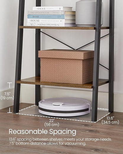 VASAGLE Ladder Shelf, 4-Tier Bookshelf, Storage Rack, Bookcase with Steel Frame, for Living Room, Home Office, Kitchen, Bedroom, Industrial Style, Rustic Brown and Ink Black ULLS44X