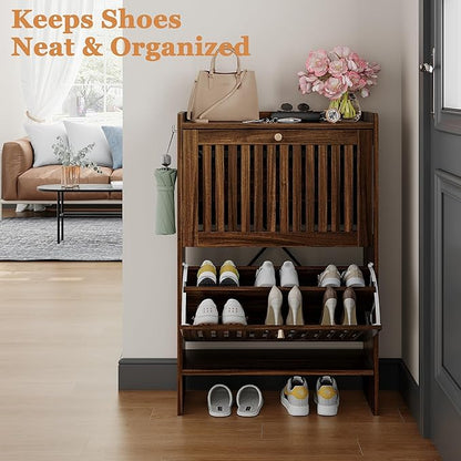 wanan 24" Shoe Cabinet with 2 Flip Slatted Drawers, Adjustable & Removable Panels, Narrow Shoe Cabinet Storage for Entryway, Hallway, Shoe Rack Organizer Cabinet, Walnut