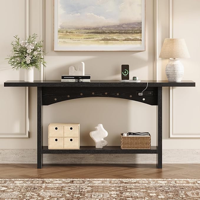 71" Console Table with Charging Station, Farmhouse Entryway Table, Entryway Table with Storage for Living Room or Foyer, Sofa Table for Hallway with Anti-Tip, Easy Assembly, Black