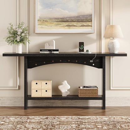 71" Console Table with Charging Station, Farmhouse Entryway Table, Entryway Table with Storage for Living Room or Foyer, Sofa Table for Hallway with Anti-Tip, Easy Assembly, Black