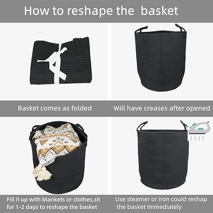 Woven Cotton Rope Laundry basket-15”X20” Laundry Hamper-Rope Storage Basket for Dirty Clothes, Toys and Blankets Perfect for Bathroom, Baby nursery and Living Room Storage (black)