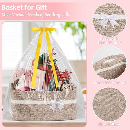 OIAHOMY Large Woven Storage Basket with Handles for Nursery Living Room Shelves, Bow Basket for Gifts Empty with Gift Bags and Ribbons for Baby Showers Pet Toy Bin - Brown & White
