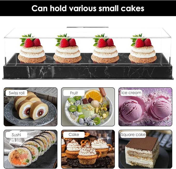 Rectangular Cake Tray with Lid, 14"x5" Acrylic Clear Cake Stand Platter, Marbleized Bakery Display Case Reusable Dessert Display Case Cake Tray for Countertop Cakes