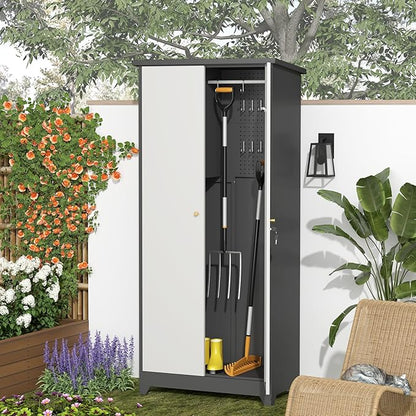 GREATMEET 72.8" Outdoor Broom Storage Cabinet, Metal Storage Cabinets for Cleaning Supplies with Slanted Roof, Waterproof Outdoor Slim Shed,Utility Closet for Broom Mop, Grey&White