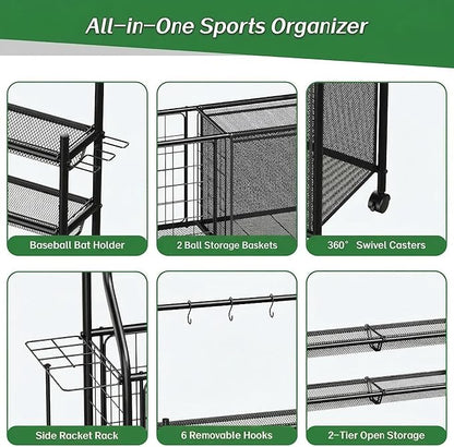 Large Sports Organizer for Garage, Ball Storage Rack Garage Sports Equipment Organizer with Side Racks, Baskets, Hooks, Multi-Purpose Golf Gear Storage for Gym Indoor Outdoor