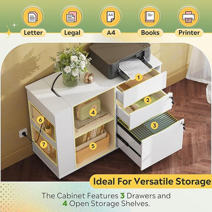 DEVAISE File Cabinet with Lock, 3 Drawer Rolling Mobile Lateral Filing Cabinets with Charging Station Printer Stand with Open Storage Shelves Fits A4 or Letter Size for Home Office White
