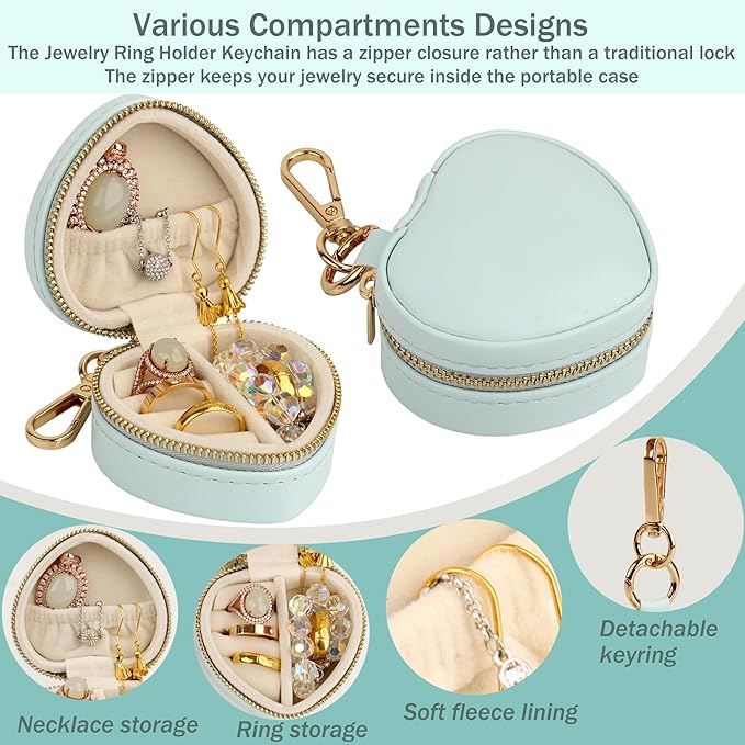 Jewelry Ring Holder Box Keychain,Portable Heart-Shaped Gym Travel Jewelry Case,Small Organizer Mini Ring Earring Stud Necklace Storage Case