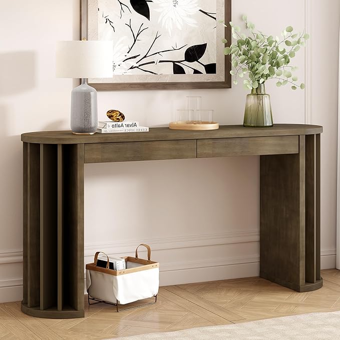 59-inch Long Console Table, Oak Veneer Sofa Table, Curved and Straight Line Design Couch, Farmhouse Entryway Table for Entrance, Hallway, Living Room (Natural-J49)