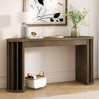 59-inch Long Console Table, Oak Veneer Sofa Table, Curved and Straight Line Design Couch, Farmhouse Entryway Table for Entrance, Hallway, Living Room (Natural-J49)