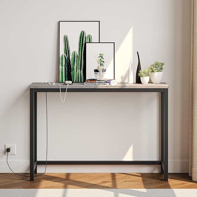 BOFENG Narrow Console Table with Outlet,Thin Sofa Table with Charging Station,41.5 Inch Small Entryway Table,for Hallway,Bedroom,Living Room,Foyer,Grey