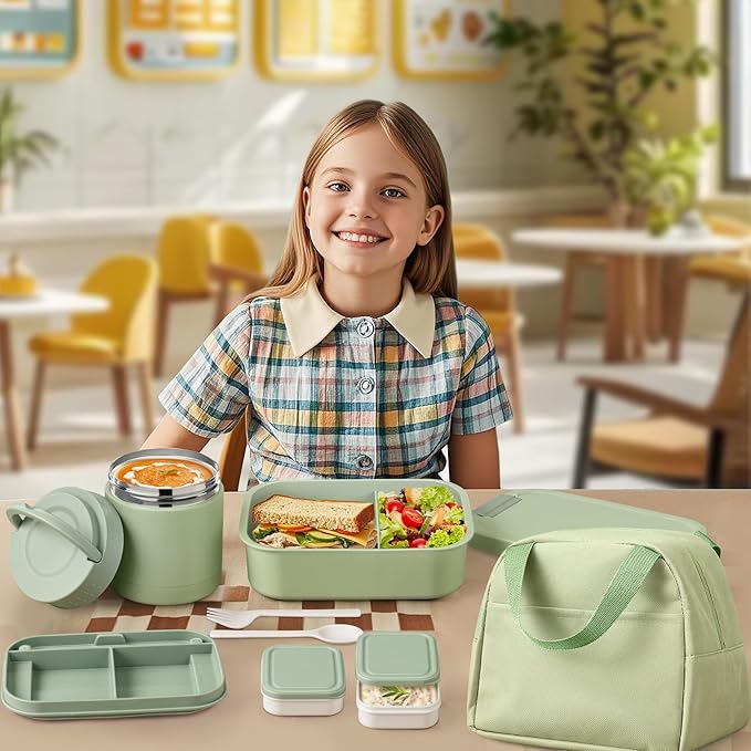Large Bento Lunch Box Set for Adults Kids Women with 10.5oz Soup Thermo,Coffee Tumblers Men Girls Boys Teenagers Leak-Proof Lunch Food Containers with Lunch Bag