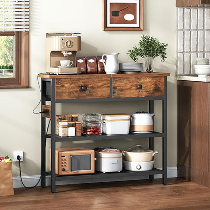 HOOBRO 29.5" Narrow Console Table with Power Outlet, Small Entryway Table with 2 Fabric Drawers, Behind Couch Table Sofa, 3-Tier Storage Shelves, for Living Room, Hallway, Rustic Brown BF72UXG01