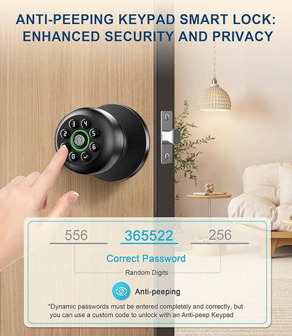 Fingerprint Door Lock, Smart Fingerprint Door Knob with Keypad, Biometric Door Lock with App Control, Auto Lock Door Lock with Code, Keyless Door Knob with Lock for Bedroom, Home,Office-Matte Black