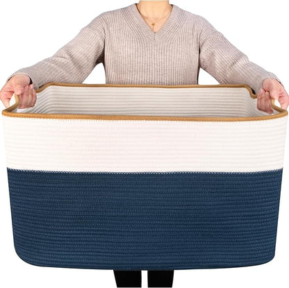 MINTWOOD Design 22in Extra Large Blanket Basket Holder Living Room, Rectangle Rope Woven Storage Basket with Handles for Laundry, Pool Towels, and Shoes, Dog Toy Organizer Bin Box, Prussian Blue