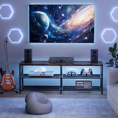 55 inch TV Stand with 3-Tier Open Shelf, Entertainment Center with Power Outlets & 8-Color LED Lights, TV Console Table for Living Room, Bedroom (Brown)