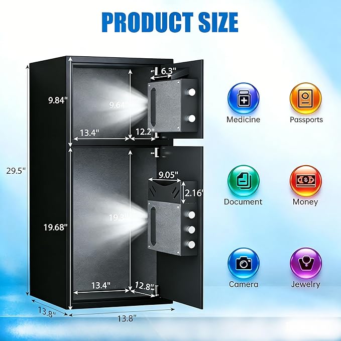 6.0 Cu Ft Large Safe Box Fireproof Waterproof, Money Safe With Mute Function and LED Light,Digital Keypad Home Safes with Deposit Slot & Dual Alarm System, Security Box for Money Valuables