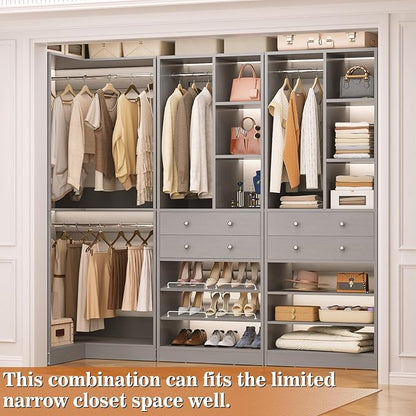 Closet System with 4 Drawers and Hanging Rods, 59.5"L / 87"L Closet Organizer System with Corner Tower, L Shaped Walk-in Closet System, Corner Closet System with Shelves, Set of 3, Morandi Grey