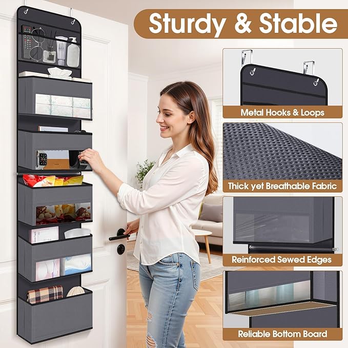 WISELIFE 6-Tier Over The Door Organizer Storage Detachable Design Door Hanging Storage Organizer with Clear Window Behind The Door Storage for Nursery Bedroom Bathroom Pantry Closet Dark Grey