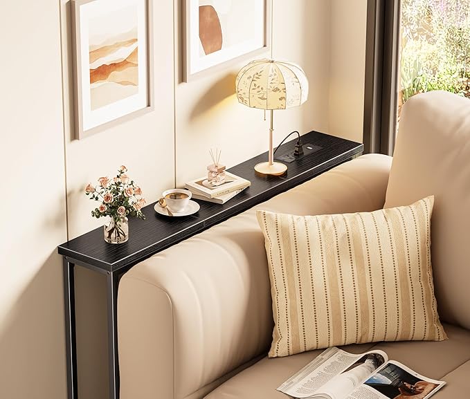 SUPERJARE 5.7 Inch Console Table with Outlet, Sofa Table, Behind Couch Table, 5.7 x 39.4 x 29.7 Inches, Metal Frame, Charging Station, for Living Room, Black