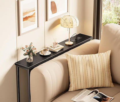 SUPERJARE 5.7 Inch Console Table with Outlet, Sofa Table, Behind Couch Table, 5.7 x 39.4 x 29.7 Inches, Metal Frame, Charging Station, for Living Room, Black