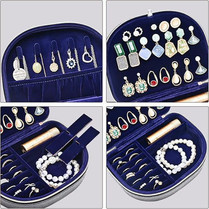 ProCase Travel Size Jewelry Box, Medium Portable Seashell-Shaped Jewelry Case, 2 Layer Mini Jewelry Organizer in PU Leather for Women -Glossy Black