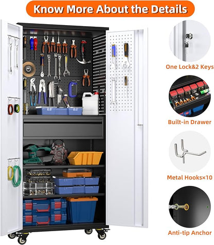 Aobabo Garage Storage Cabinet with Wheels and 1 Interior Drawer, 71" H Metal Rolling Cabinet with 16 Hooks and 2 Adjustable Shelves for Garage, Home, Office, Kitchen, Assembly Required, Black Gray