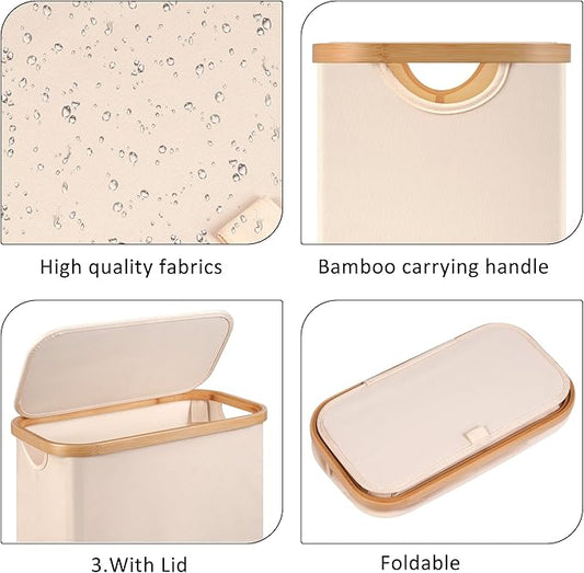 Slim Laundry Basket with Wheels,Narrow Hampers for Laundry,Freestanding Laundry Hamper with Lid&Bamboo Handles,Collapsible & Waterproof Tall Cloth Hamper for Dorm Family(60L Beige)