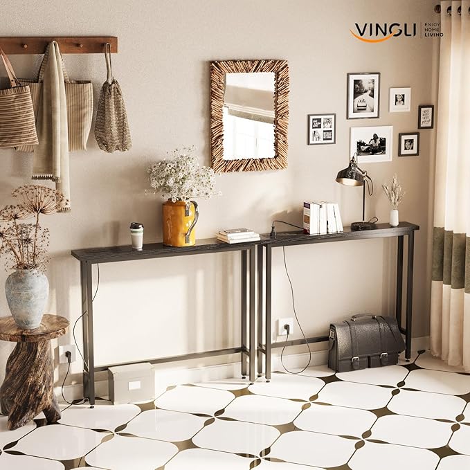 VINGLI 79" Console Table with Charging Station, 5.9" Narrow Sofa Table Set of 2, Entryway Table with Power Outlet & 4.9 Ft Extension Cord & Adjustable Feet, for Living Room, Hallway, Rustic Brown