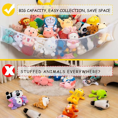 X-Large Stuffed Animal Net Hammock Corner (Fixed Size Min 3’6” Right-angled Corner Space Each Side, Non-Stretchable) Toy Organizer for Plushies Teddy and Squishmallow (White 2 Pack, X-Large)